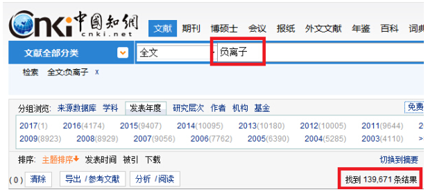 国家级学术型网站中国知网检索负离子相关文献结果达13万多条